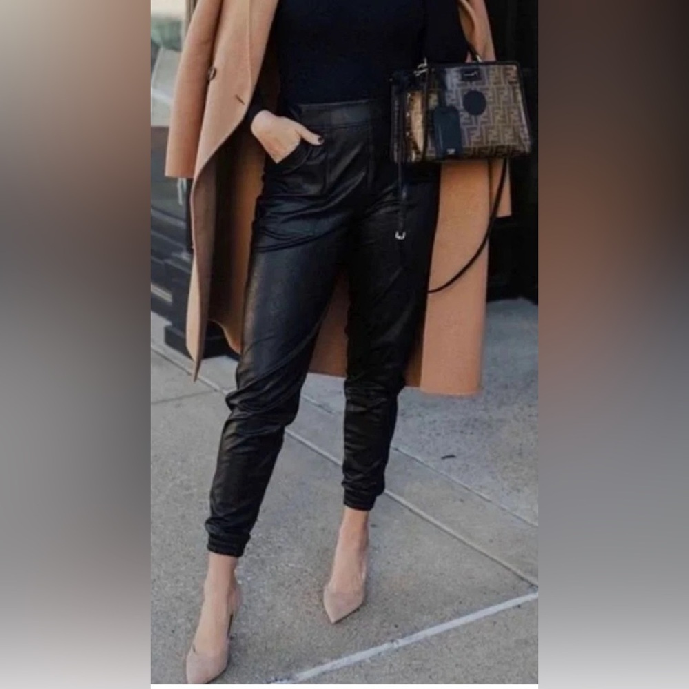 SPANX Faux Leather Joggers Women's Small Black Pull On Fall Winter Moto Sexy